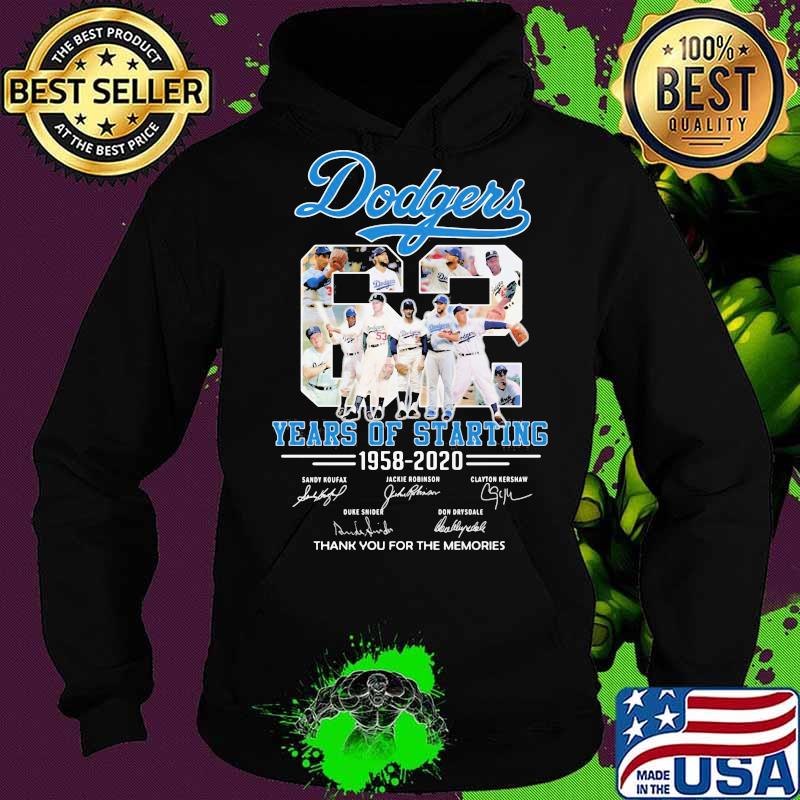 Los angeles dodgers 62 years of starting 1958 2020 thank you for the memories signatures s Hoodie Los angeles dodgers 62 years of starting 1958 2020 thank you for the memories signatures s Hoodie