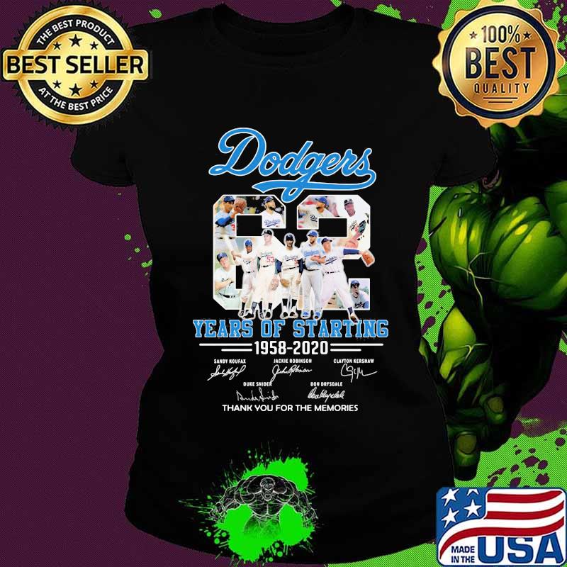 Los angeles dodgers 62 years of starting 1958 2020 thank you for the memories signatures s Ladies tee Los angeles dodgers 62 years of starting 1958 2020 thank you for the memories signatures s Ladies tee