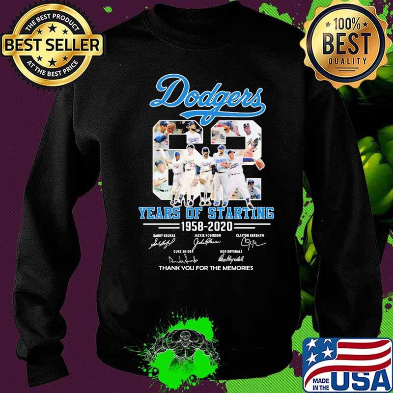 Los angeles dodgers 62 years of starting 1958 2020 thank you for the memories signatures s Sweater Los angeles dodgers 62 years of starting 1958 2020 thank you for the memories signatures s Sweater