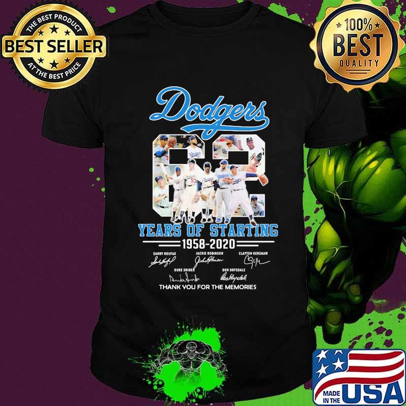 Los angeles dodgers 62 years of starting 1958 2020 thank you for the memories signatures shirt