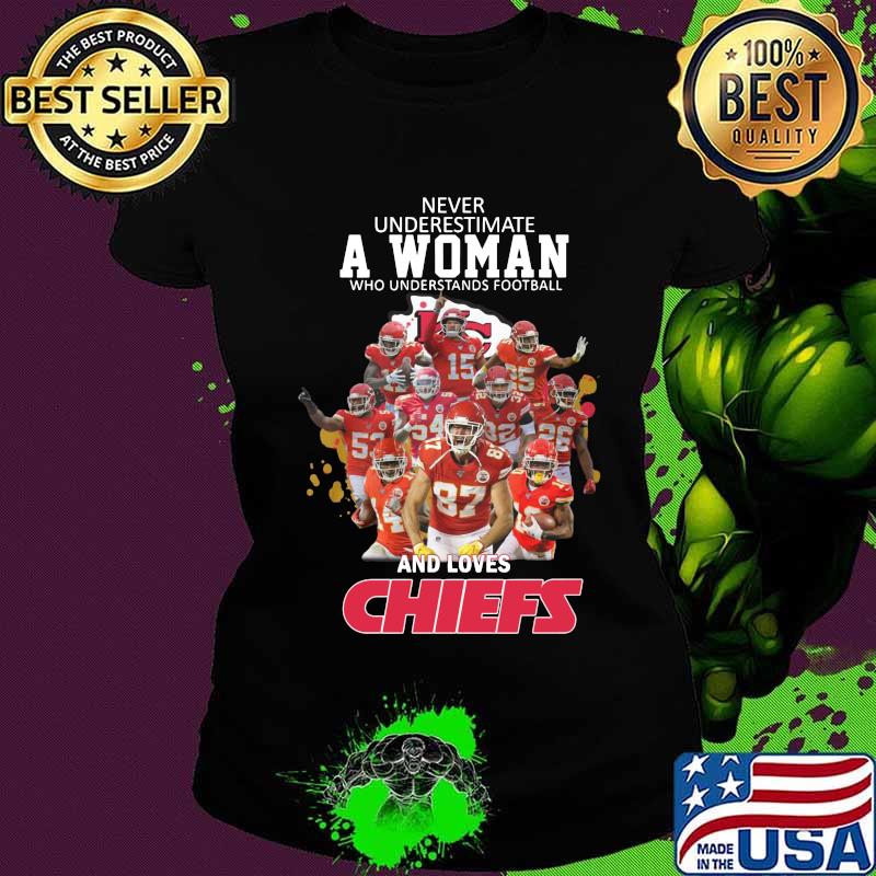 Never underestimate a woman who understands football and loves kansas city chiefs s Ladies tee Never underestimate a woman who understands football and loves kansas city chiefs s Ladies tee