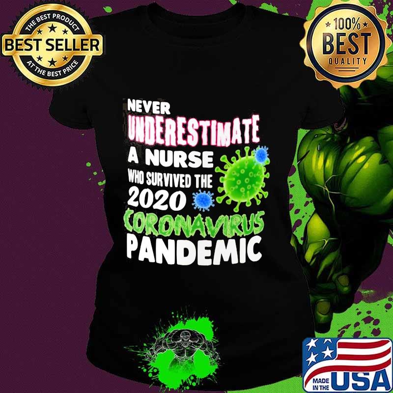 OFFICIAL NEVER UNDERESTIMATE A NURSE WHO SURVIVED THE 2020 CORONAVIRUS PANDEMIC SHIRT Ladies tee OFFICIAL NEVER UNDERESTIMATE A NURSE WHO SURVIVED THE 2020 CORONAVIRUS PANDEMIC SHIRT Ladies tee