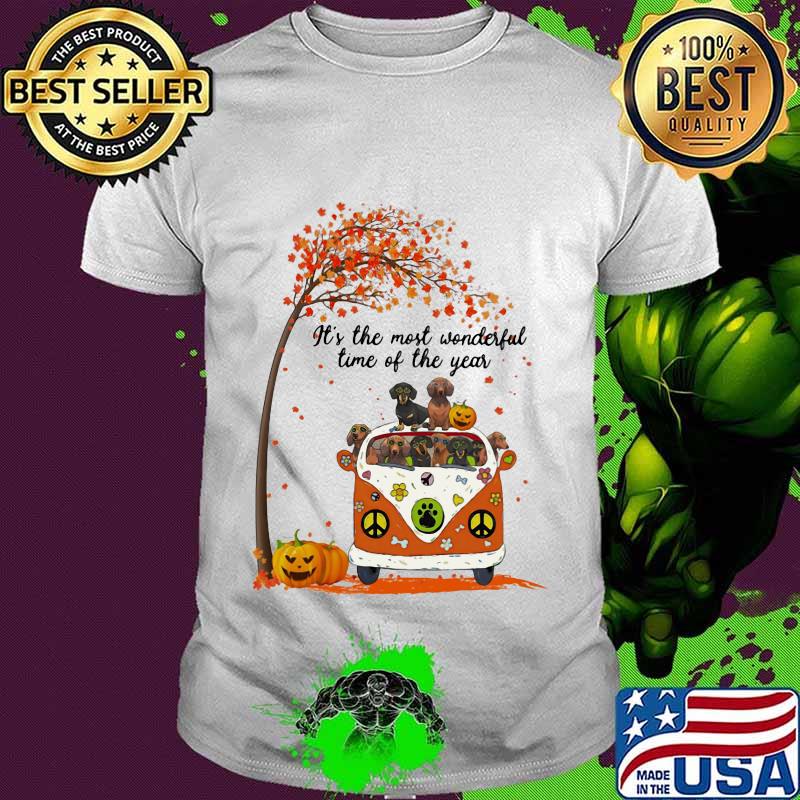 Peace bus dachshund it's the most wonderful time of the year leaves tree pumpkins shirt