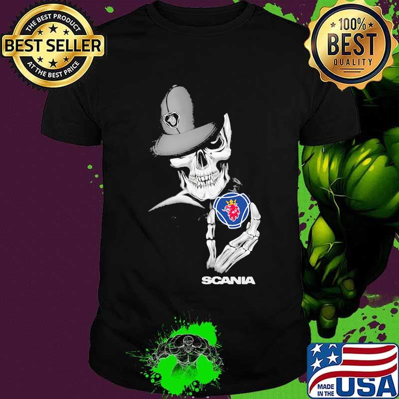 Skeleton holding scania logo shirt