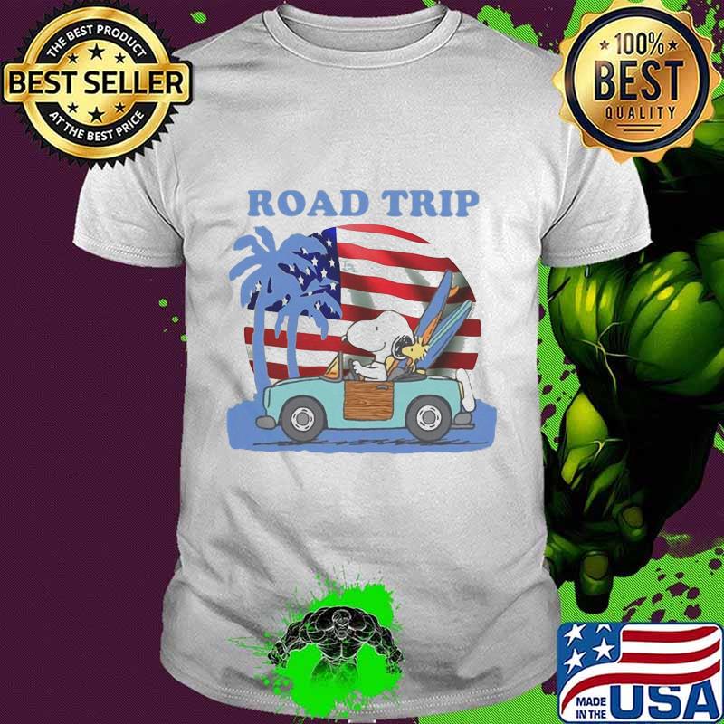 Snoopy and woodstock riding car road trip american flag independence day shirt