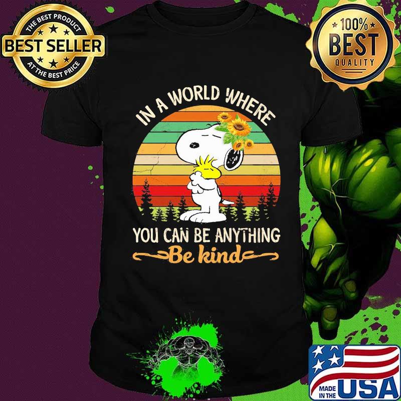 Snoopy and woodstock sunflower in a world where you can be anything be kind vintage retro shirt