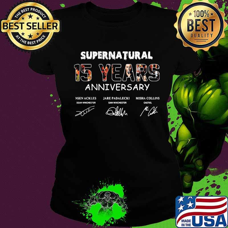 Supernatural 15 years anniversary characters signatures s Ladies tee Supernatural 15 years anniversary characters signatures s Ladies tee