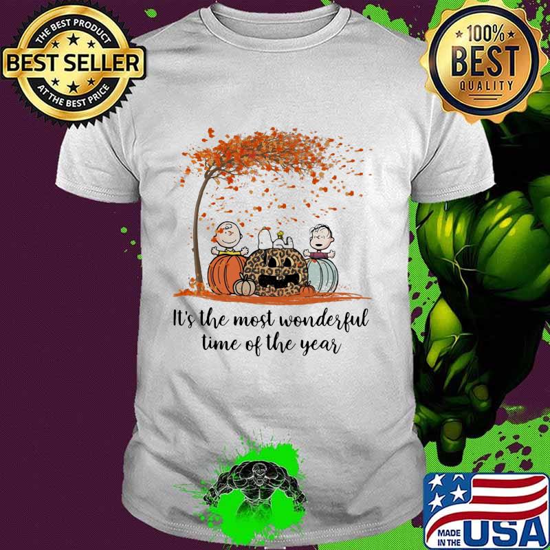 The peanuts characters it's the most wonderful; time of the years levaes tree pumpkin leopard shirt