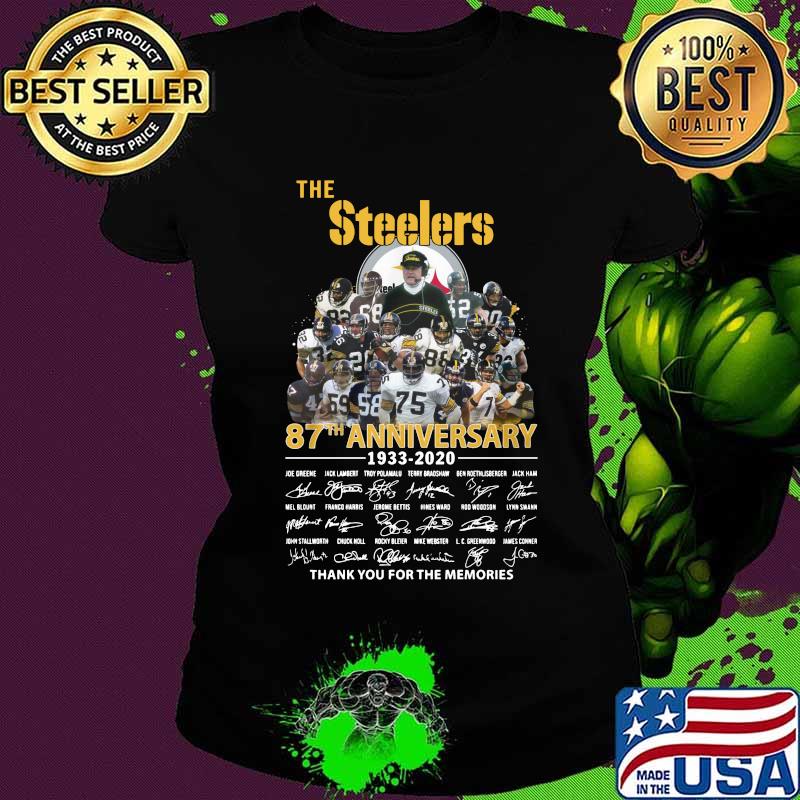 The pittsburgh steelers 87th anniversary 1933 2020 thank you for the memories signatures s Ladies tee The pittsburgh steelers 87th anniversary 1933 2020 thank you for the memories signatures s Ladies tee