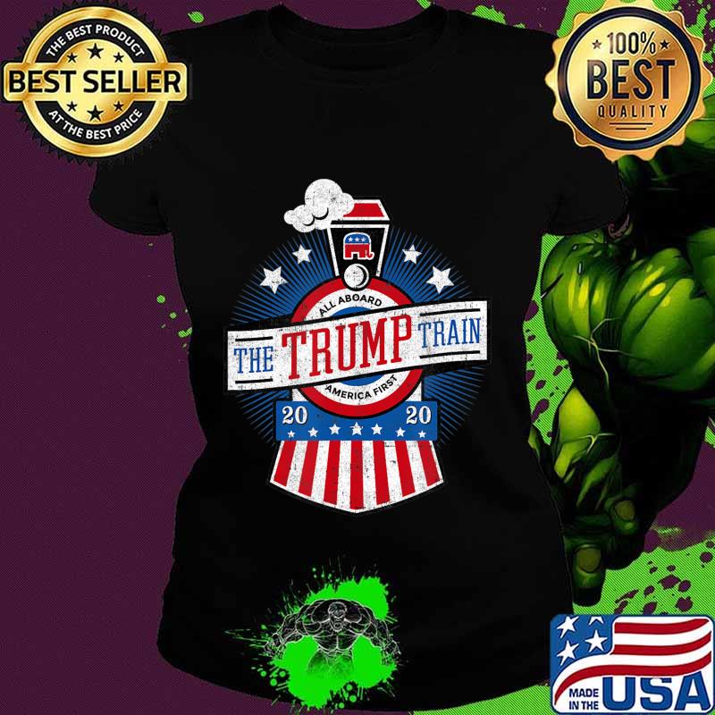 All Aboard the Trump Train 2020 American Flag Reelect 45 T-Shirt Ladies tee All Aboard the Trump Train 2020 American Flag Reelect 45 T-Shirt Ladies tee