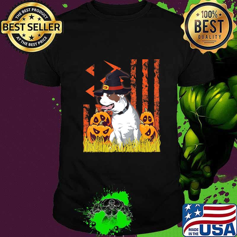 American Bulldog Dog Witch Dance Pumpkins Halloween US Flag T-Shirt