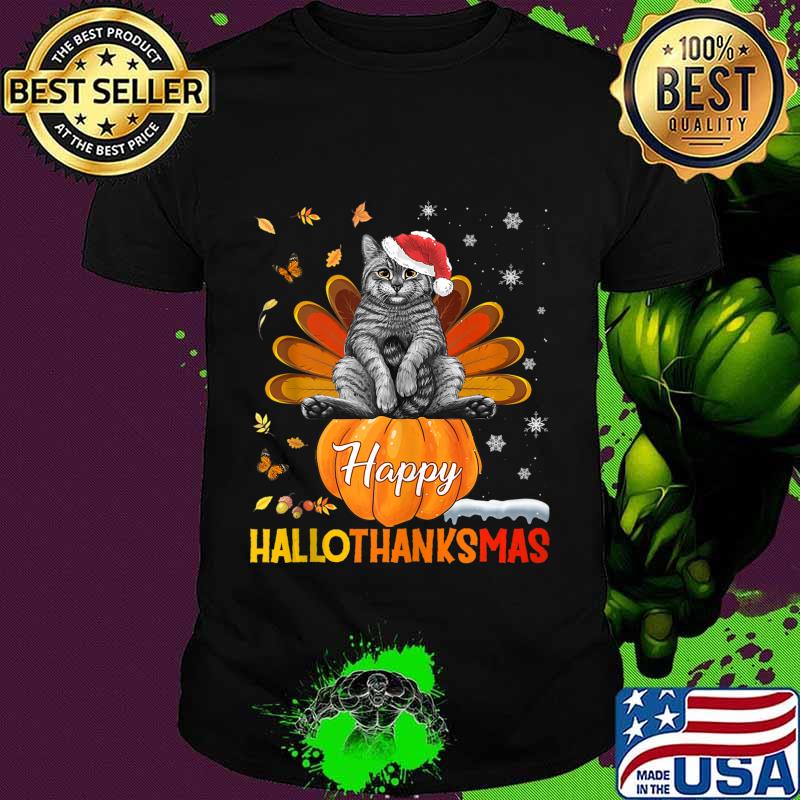 Black Cat Halloween And Merry Christmas Happy Hallothanksmas shirt