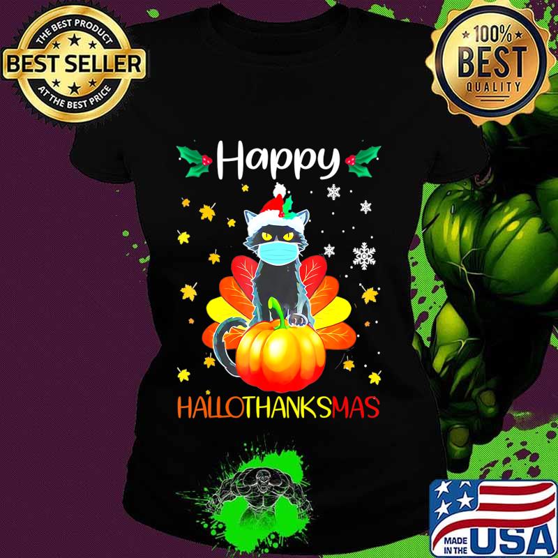 Black Cat Halloween And Merry Christmas Happy T-Shirt Ladies tee Black Cat Halloween And Merry Christmas Happy T-Shirt Ladies tee