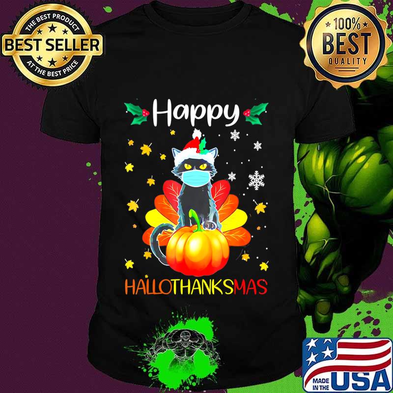 Black Cat Halloween And Merry Christmas Happy T-Shirt
