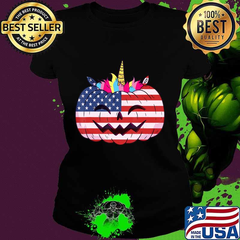 Cute Unicorn Pumpkin Halloween USA flag for girls and women T-Shirt Ladies tee Cute Unicorn Pumpkin Halloween USA flag for girls and women T-Shirt Ladies tee