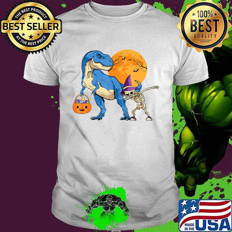 Dinosaur T rex With Dabbing Skeleton Pumpkin candy Halloween T-Shirt