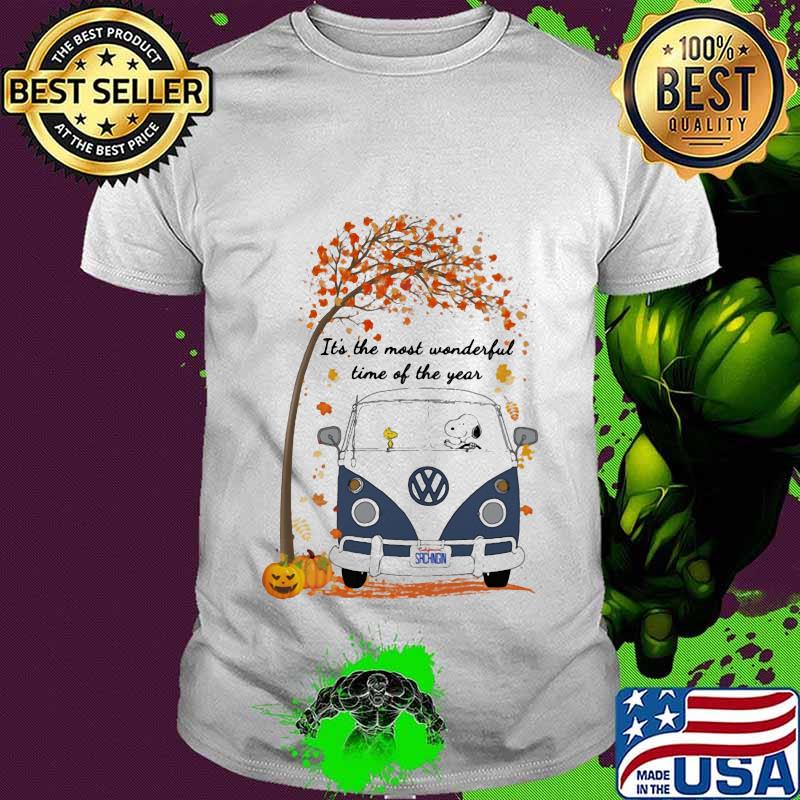 Dog and woodstock riding peace bus it's the most wonderful time of the year leaves tree shirt
