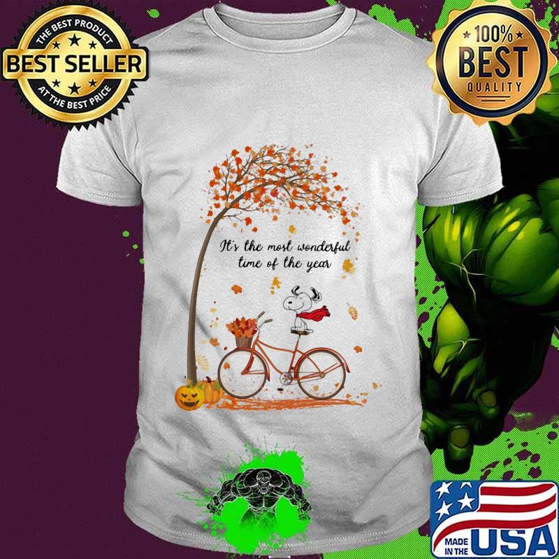 Dog riding bicycle bus it's the most wonderful time of the year leaves tree shirt