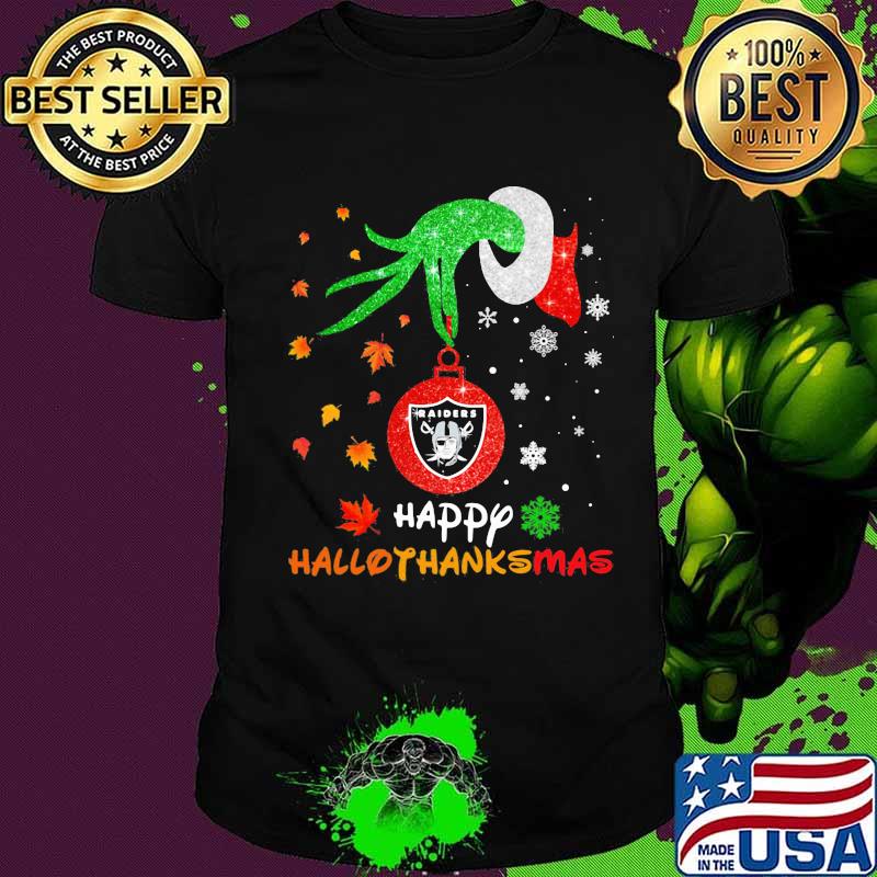 Grinch holding las vegas raiders logo happy hallothanksmas halloween thanksgiving christmas shirt