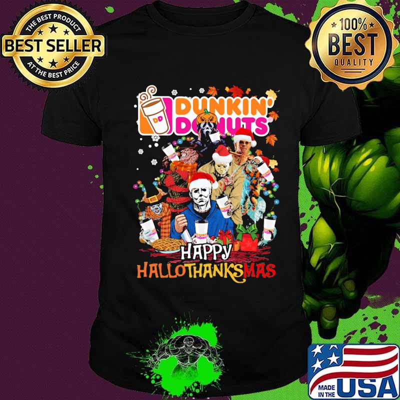 Halloween horror characters dunkin donuts happy hallothanksmas halloween thanksgiving christmas shirt