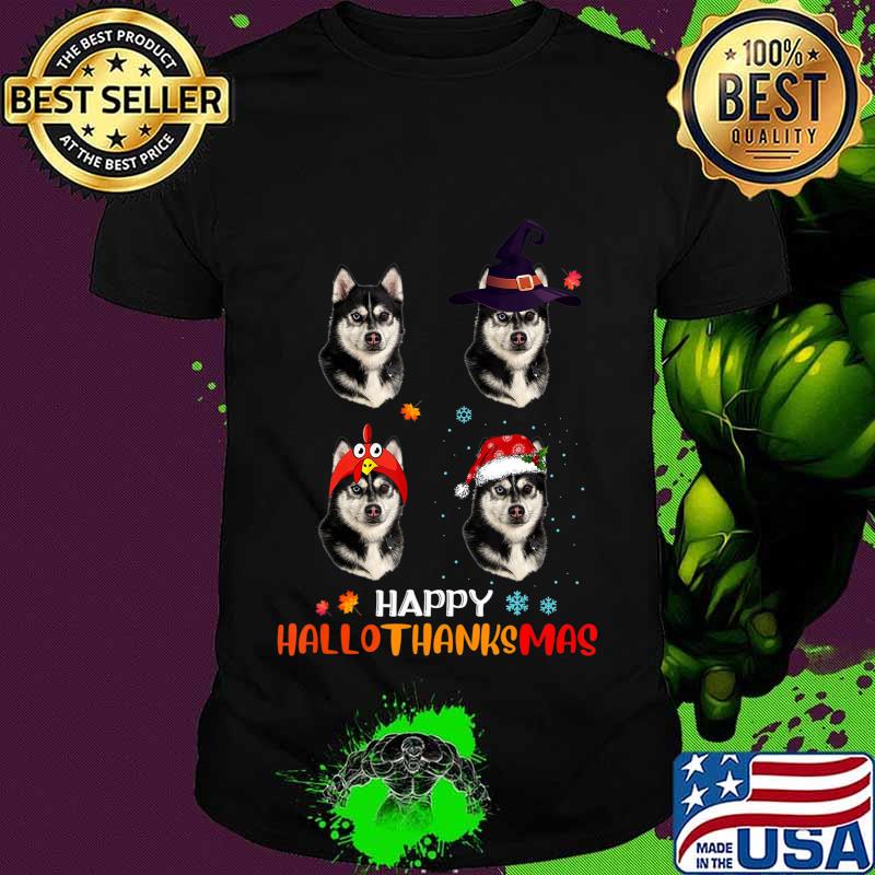 Husky Halloween And Merry Christmas Happy Hallothanksmas T-Shirt