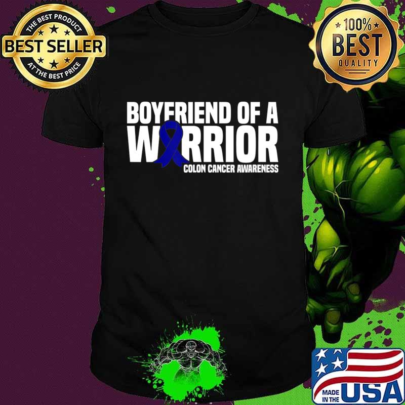 Mens Boyfriend of a Warrior Blue Ribbon Colon Cancer Awareness T-Shirt