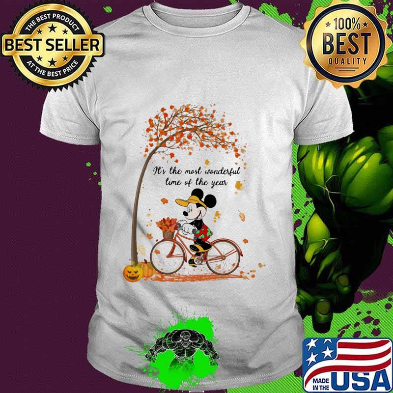 Mickey mouse riding bicycle it's the most wonderful time of the year leaves tree shirt