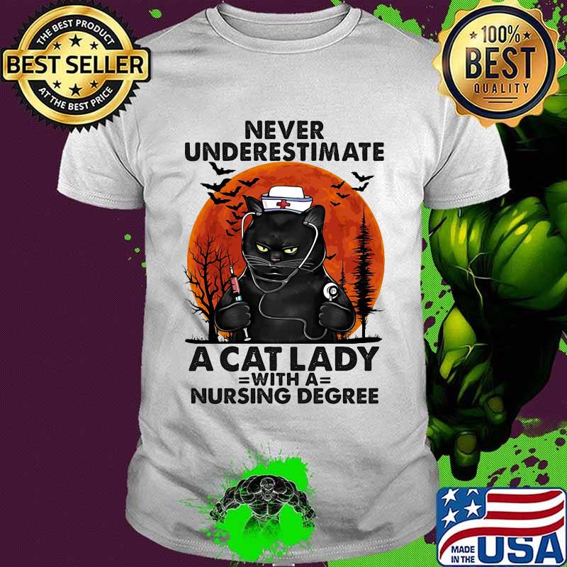Never underestimate a cat lady with a nursing degree sunset halloween shirt