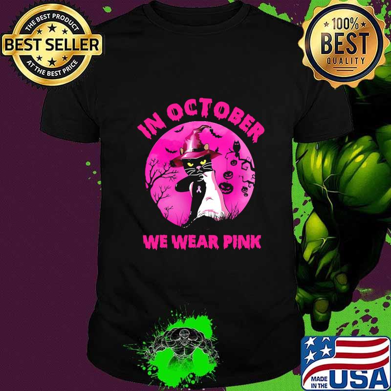 Official In October We Wear Pink Cat Moonlight Halloween Shirt