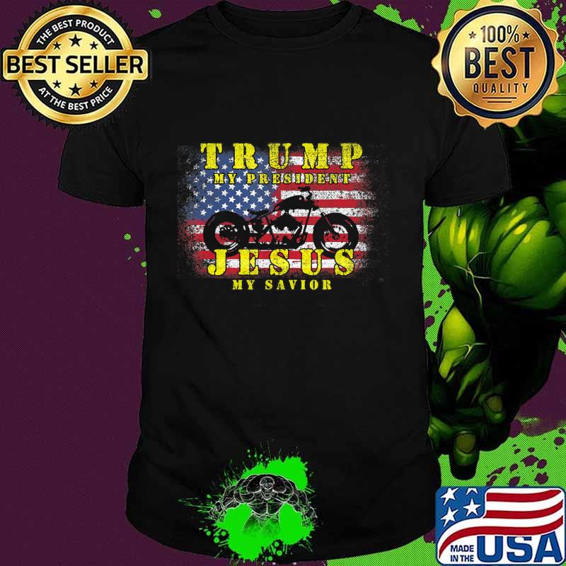 Retro Trump My President Jesus My Savior Biker USA Flag T-Shirt