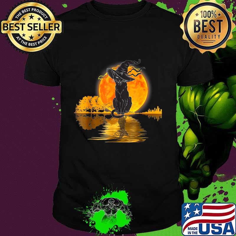 Vintage Halloween Scary Black Cat Witch Hat Moon Witchy Gift T-Shirt
