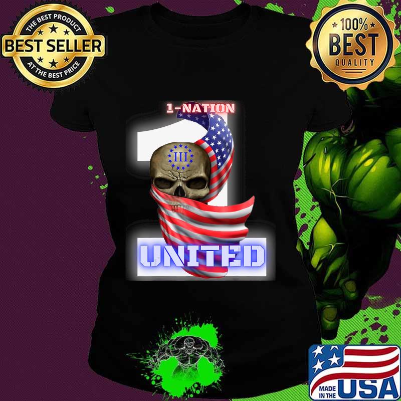 1-NATION UNITED III Skull American flag T-Shirt Ladies tee 1-NATION UNITED III Skull American flag T-Shirt Ladies tee