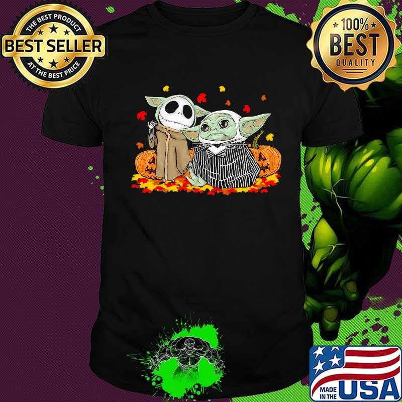 Jack skellington and baby yoda happy halloween fall leaves map shirt