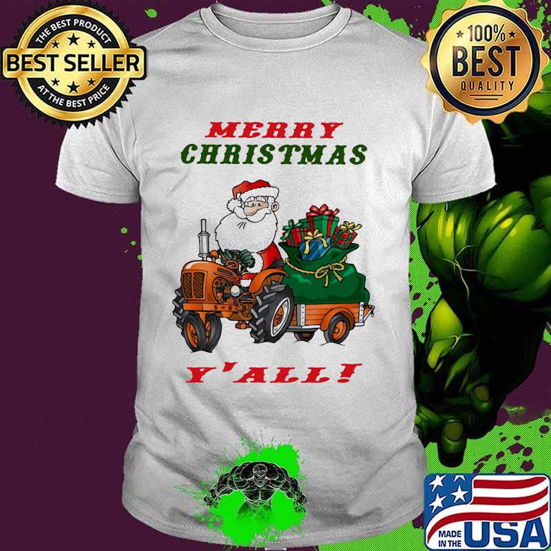 Merry christmas santa claus riding tractor y'all shirt