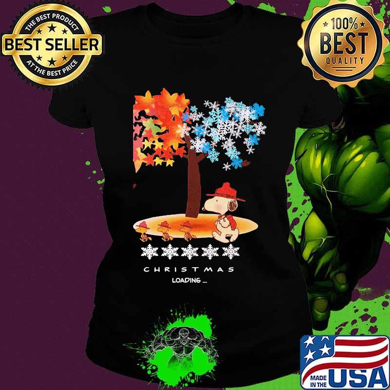 Snoopy and woodstock fall leaves snowflakes tree merry christmas loading s Ladies tee Snoopy and woodstock fall leaves snowflakes tree merry christmas loading s Ladies tee