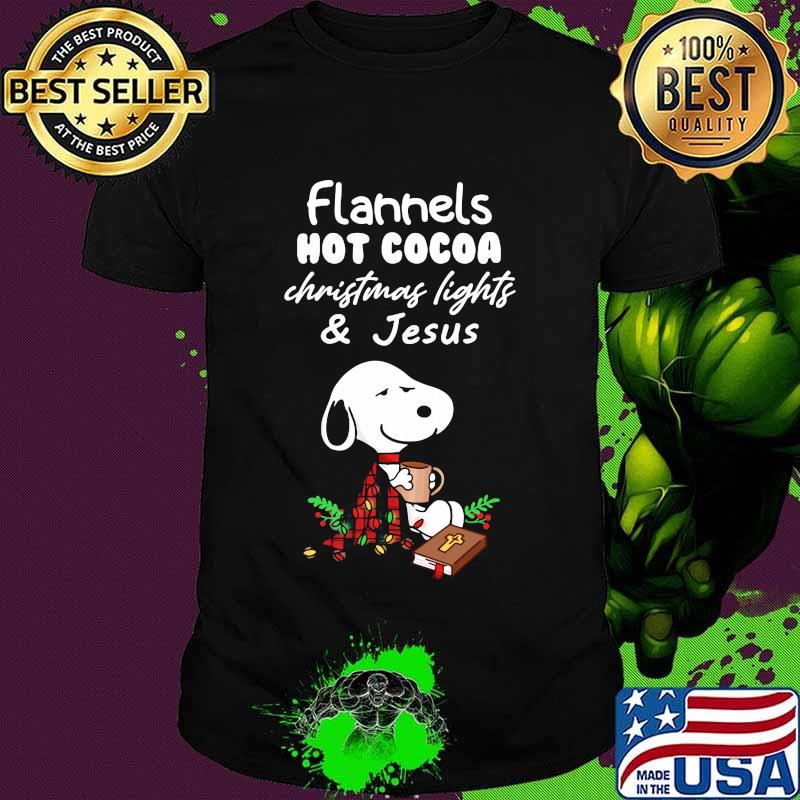 Snoopy flannels hot cocoa christmas lights and jesus shirt