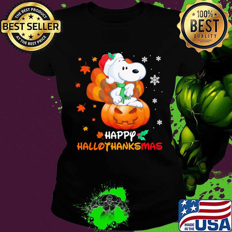 Snoopy happy hallothanksmas halloween thanksgiving christmas s Ladies tee Snoopy happy hallothanksmas halloween thanksgiving christmas s Ladies tee