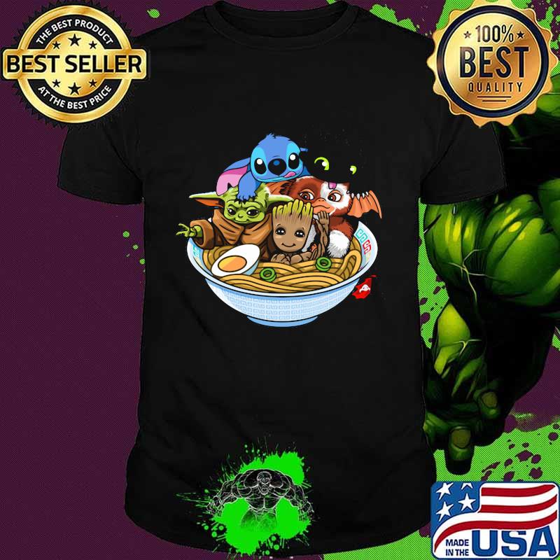 Stitch toothless baby yoda and baby groot in noodle shirt
