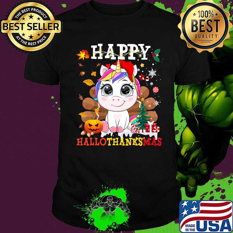Unicorn santa hat happy hallothanksmas thanksgiving xmas shirt