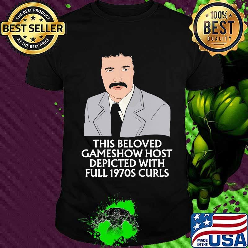Alex trebek this beloved game show host depicted with full 1970s curls shirt