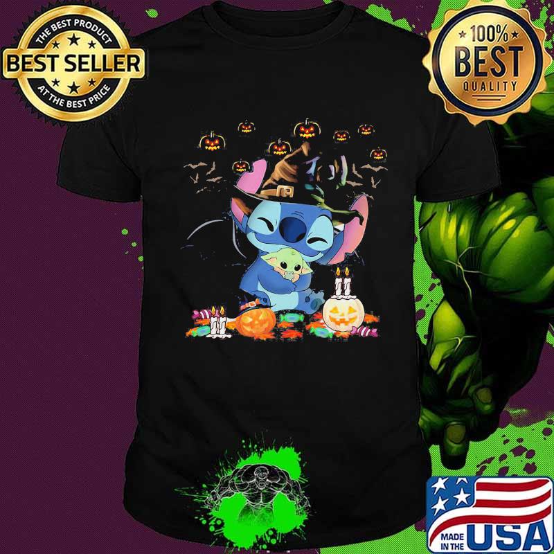 Happy halloween stitch hug baby yoda pumpkins shirt