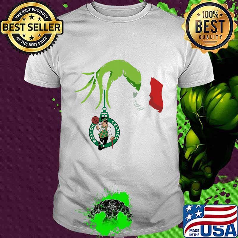 Merry christmas grinch holding boston celtics basketball logo shirt