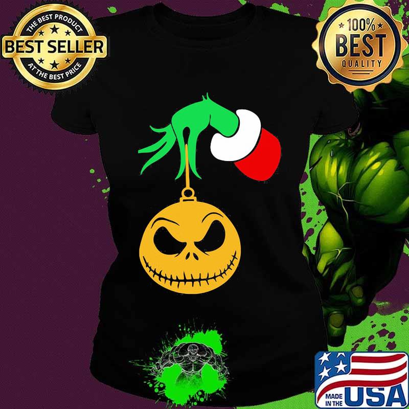 Merry christmas grinch holding jack skellington s Ladies tee Merry christmas grinch holding jack skellington s Ladies tee