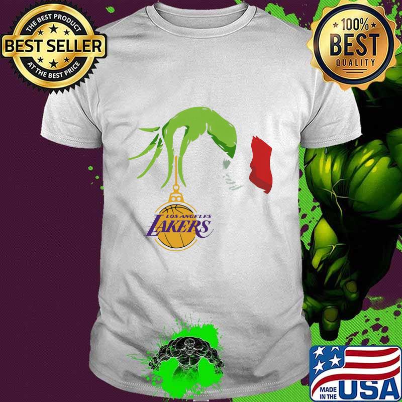 Merry christmas grinch holding los angeles lakers logo shirt