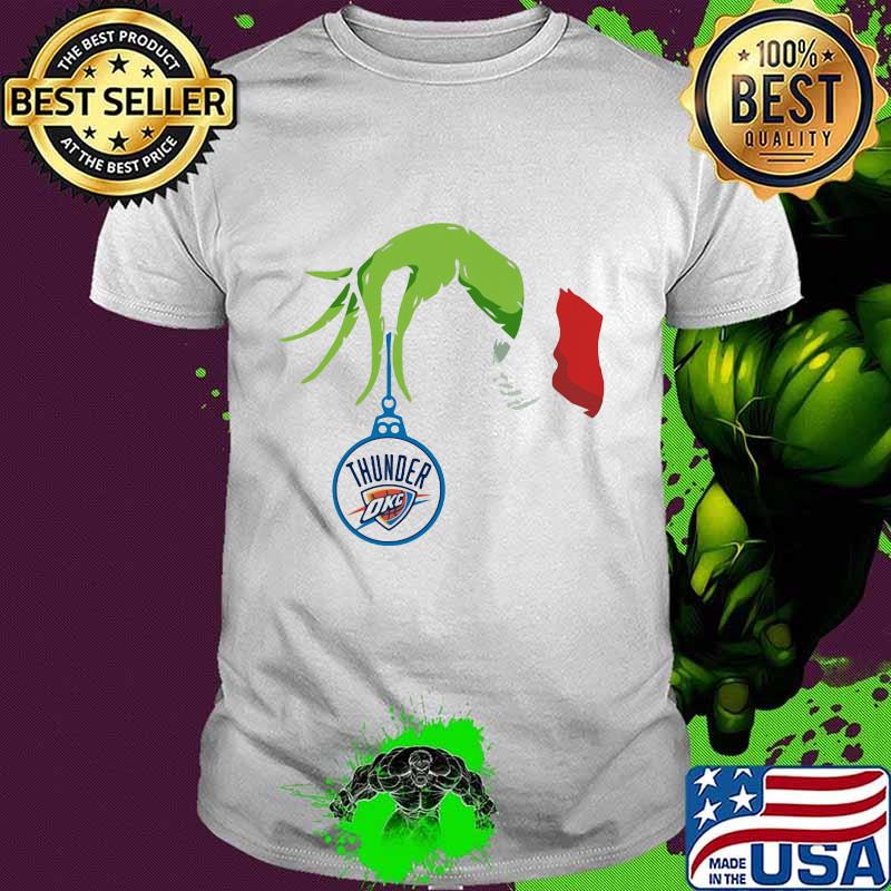 Merry christmas grinch holding oklahoma city thunder okc logo shirt