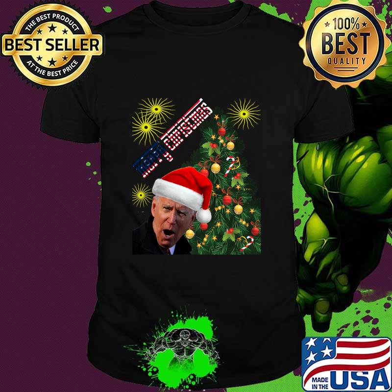 Merry Christmas Xmastree Joe Biden Wear Santa Hat American Flag Shirt