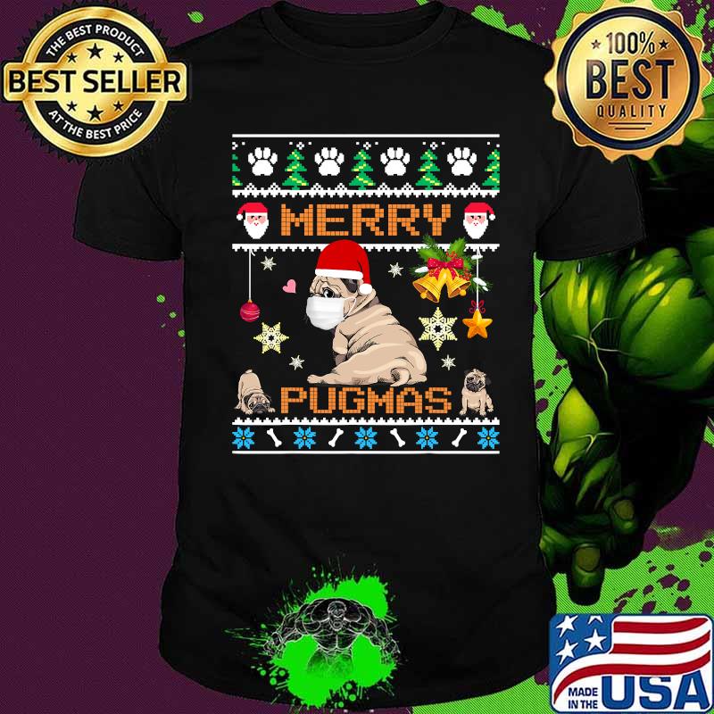 Merry pugmas pug dog face mask pun xmas ugly shirt