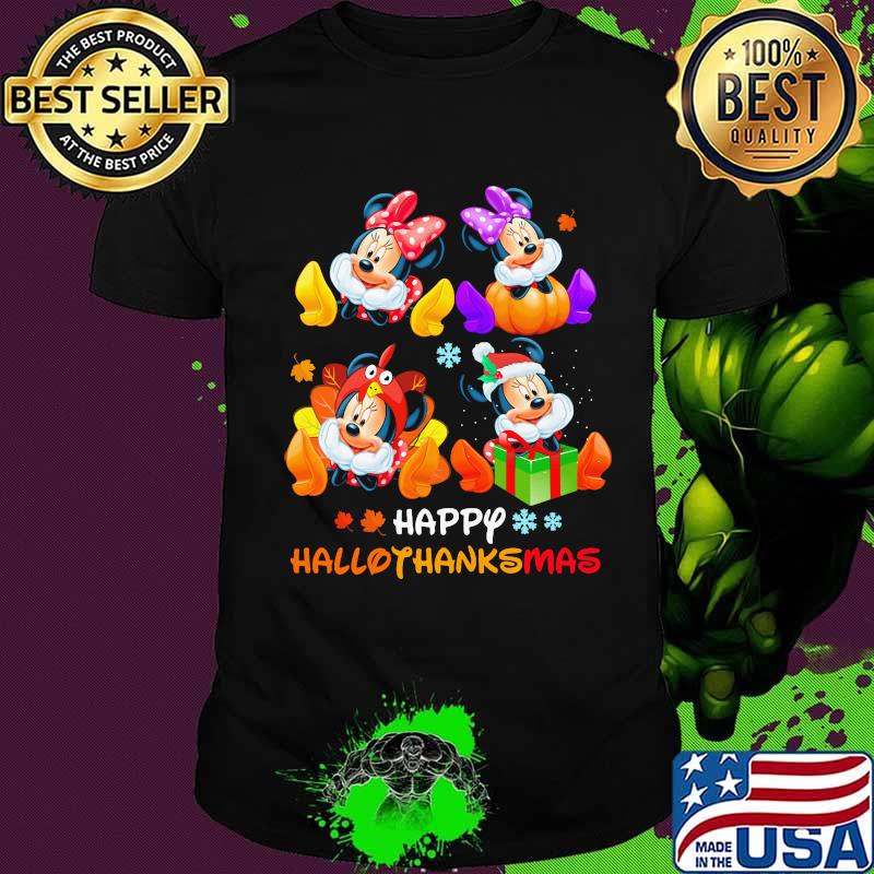 Minnie and mickey mouse happy hallothanksmas halloween thanksgiving christmas shirt