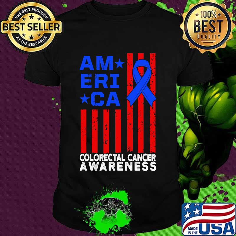 America Colorectal Cancer Survivor Awereness Usa Flag Blue Ribbon Shirt