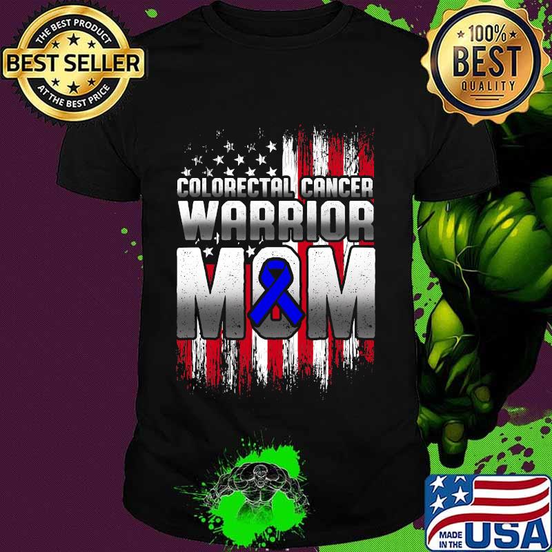Colorectal Cancer Survivor Warrior Mom Blue Ribbon American Flag Shirt